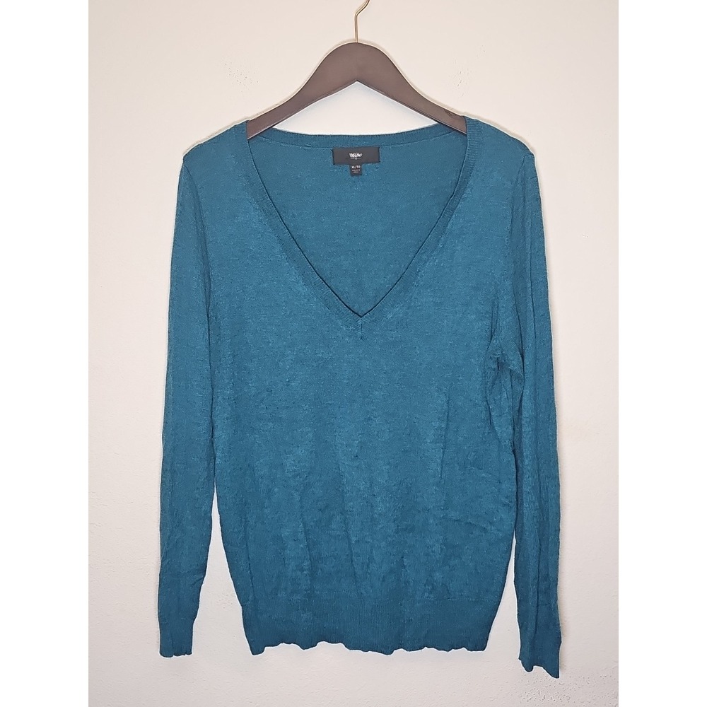 Mossimo Vintage Y2K Green Teal V-Neck Sweater  Size XL Soft Stretchy Nylon Rayon